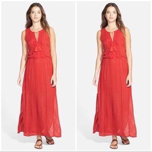 Hinge Lace Trim Maxi Dress Boho Red Embroidered